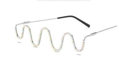 Diamond-Studded Glasses Ins Wave Flat Mirror Fashion Catwalk Metal Lensless Decorative Glasses Frame