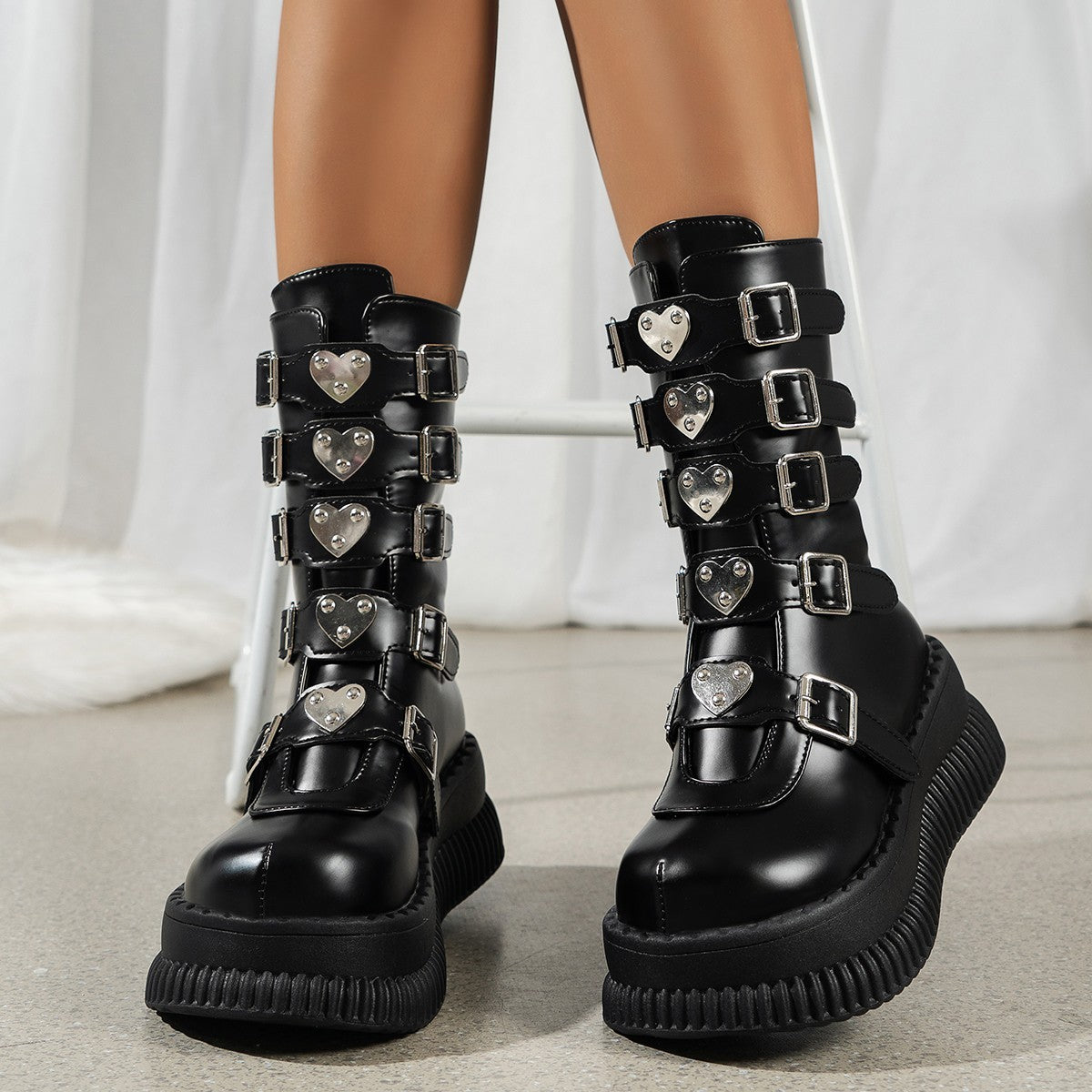 Heart Platform Shoes Dark Punk Mid-calf Martin Boots Female