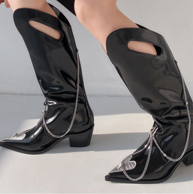 Black Metal Chain Cowboy Boots